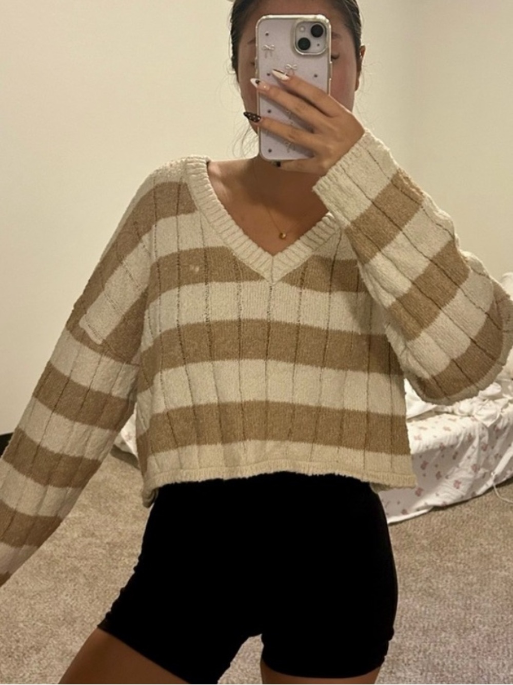 LA Hearts Striped Off-Shoulder Sweater - Cream and Tan